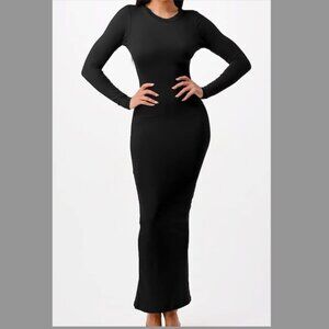 Women's Crew Neck Bodycon Long Sleeve Dress Black NEW